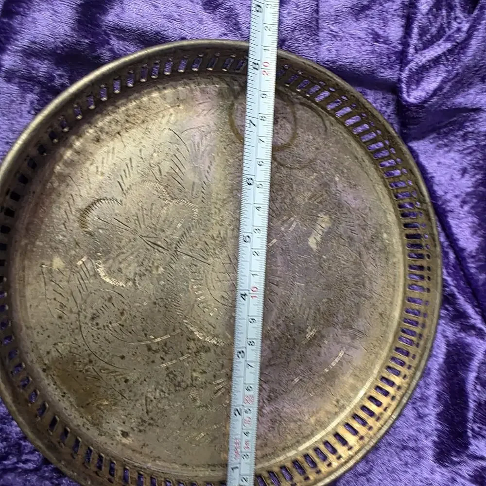 Vintage Pierced Brass Tray Etched Floral Round Vanity Tea Tray Rustic Boho